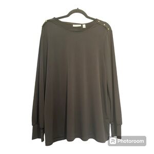 Susan Graver Womens Top XL Solid Print Liquid Knit V Neck Button Black Gold